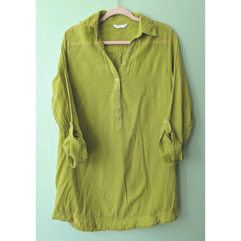 Promod Chartreuse Green Cotton Tunic Shirt Roll Tab Sleeve Resortwear EU 44 UK16